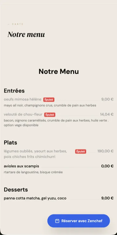 Page menu restaurant sur smartphone via Resto1.Click